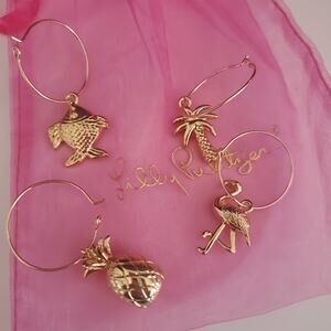 Set of 4 Lilly Pulitzer‎ Wine Charms Pineapple Palm Tree Flamingo Fish Gold Tone